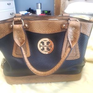 Tory Burch Inspired Black/Tan Crocodile Skin Tote